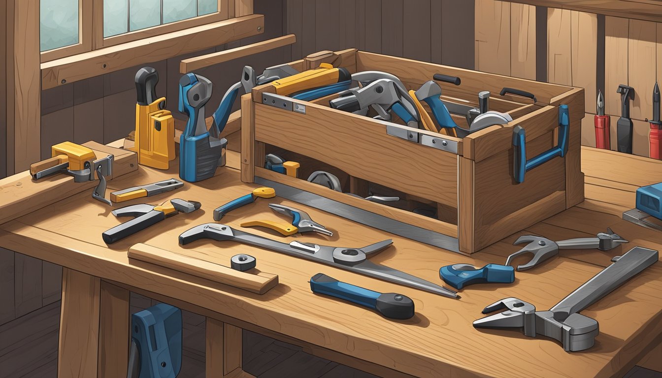 A toolbox sits open on a workbench, with various tools neatly arranged inside.</p><p>A piece of wood is clamped to the bench, ready for work