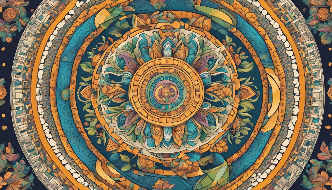 A colorful mandala surrounded by traditional cultural symbols and patterns, representing the deep cultural and symbolic aspects of 247 247 significance
