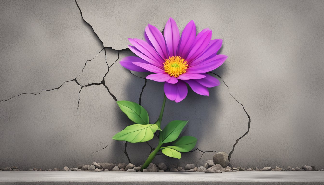 A vibrant flower blooming from a crack in a concrete wall, symbolizing personal growth and resilience
