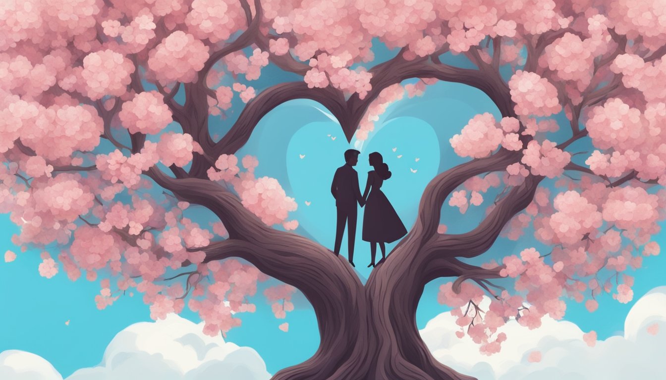 A couple embraces under a tree with intertwined branches, surrounded by blooming flowers and a heart-shaped cloud in the sky