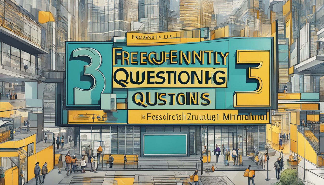 A large sign with "Frequently Asked Questions 373 Bedeutung" displayed prominently in bold lettering, surrounded by smaller text and graphics