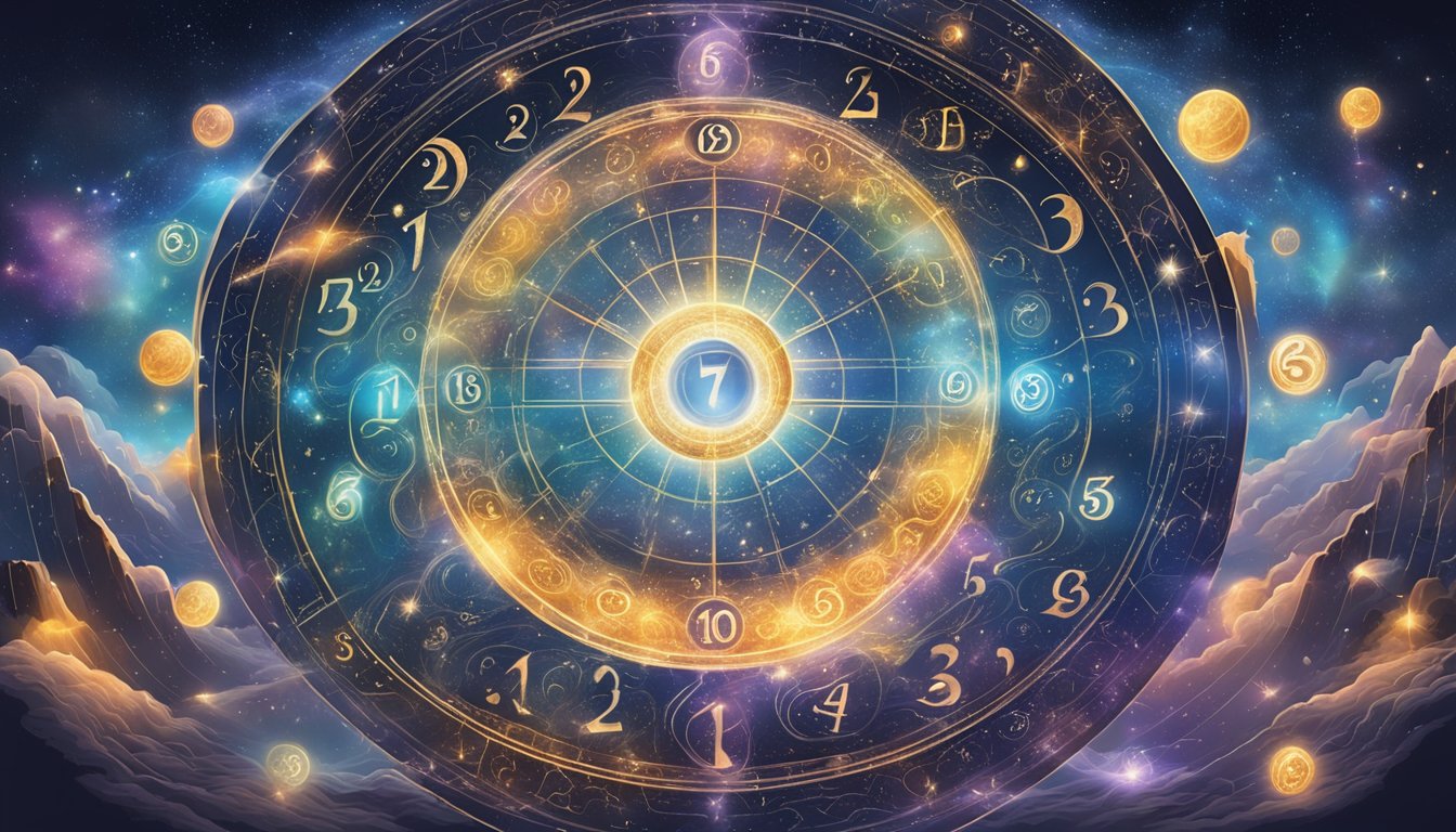 A mystical scene with numbers floating in the air, surrounded by swirling energy and cosmic symbols, representing the influence of numerological elements