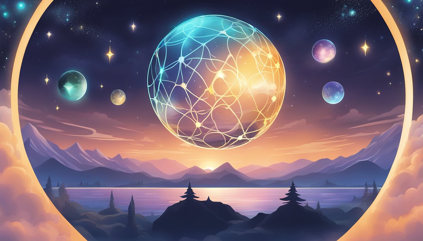A glowing orb surrounded by mystical symbols and floating above a serene landscape