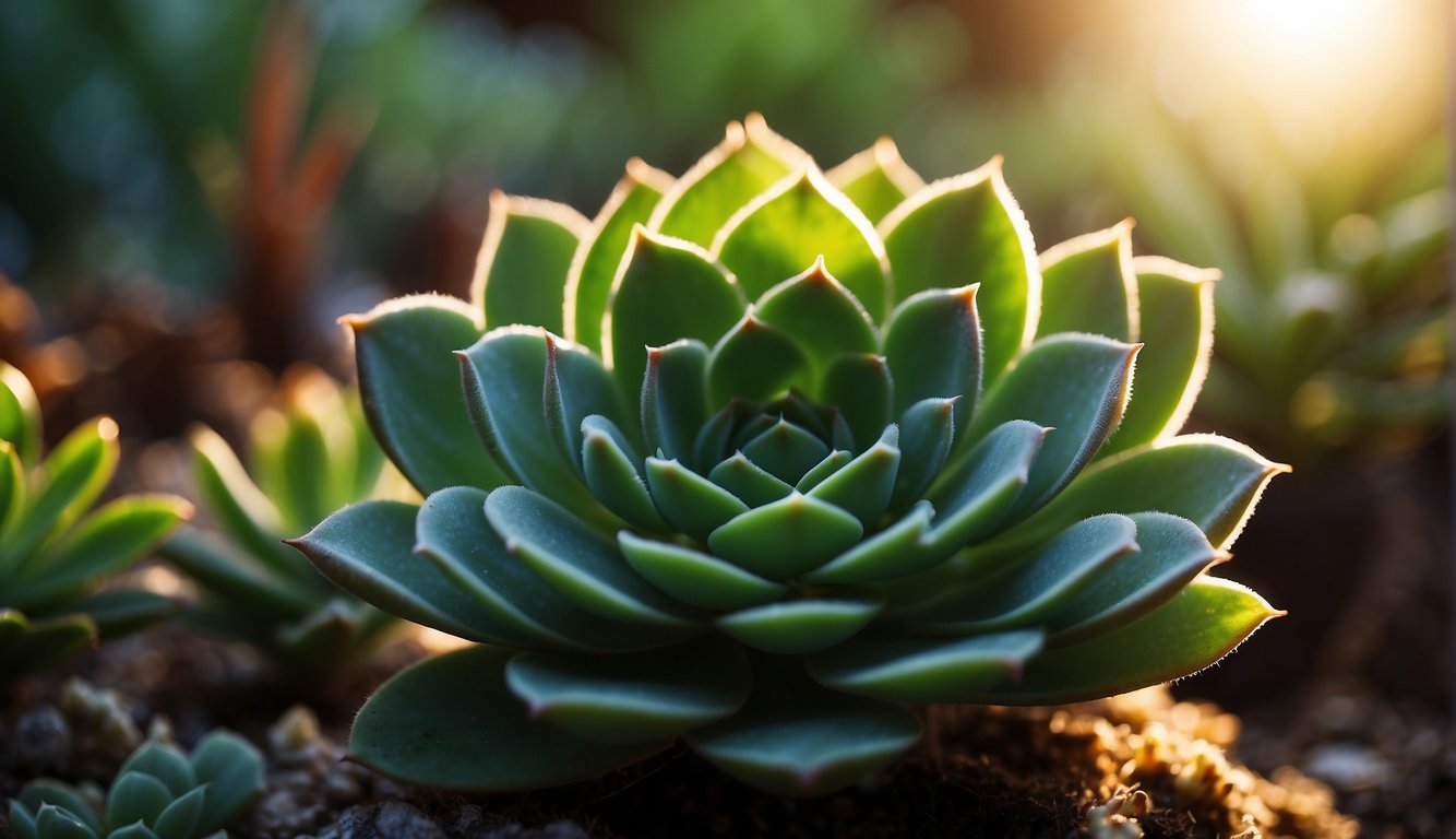 A succulent sits under a bright, warm grow light, casting a gentle glow on its vibrant green leaves. The light is positioned close to the plant, providing the ideal conditions for healthy growth