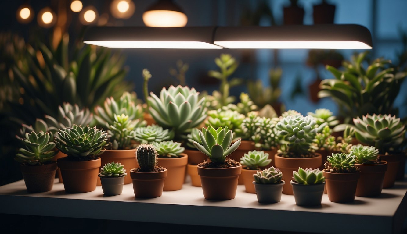 A bright, well-lit room with various succulents placed under different grow lights, showcasing their effects on plant growth and color vibrancy