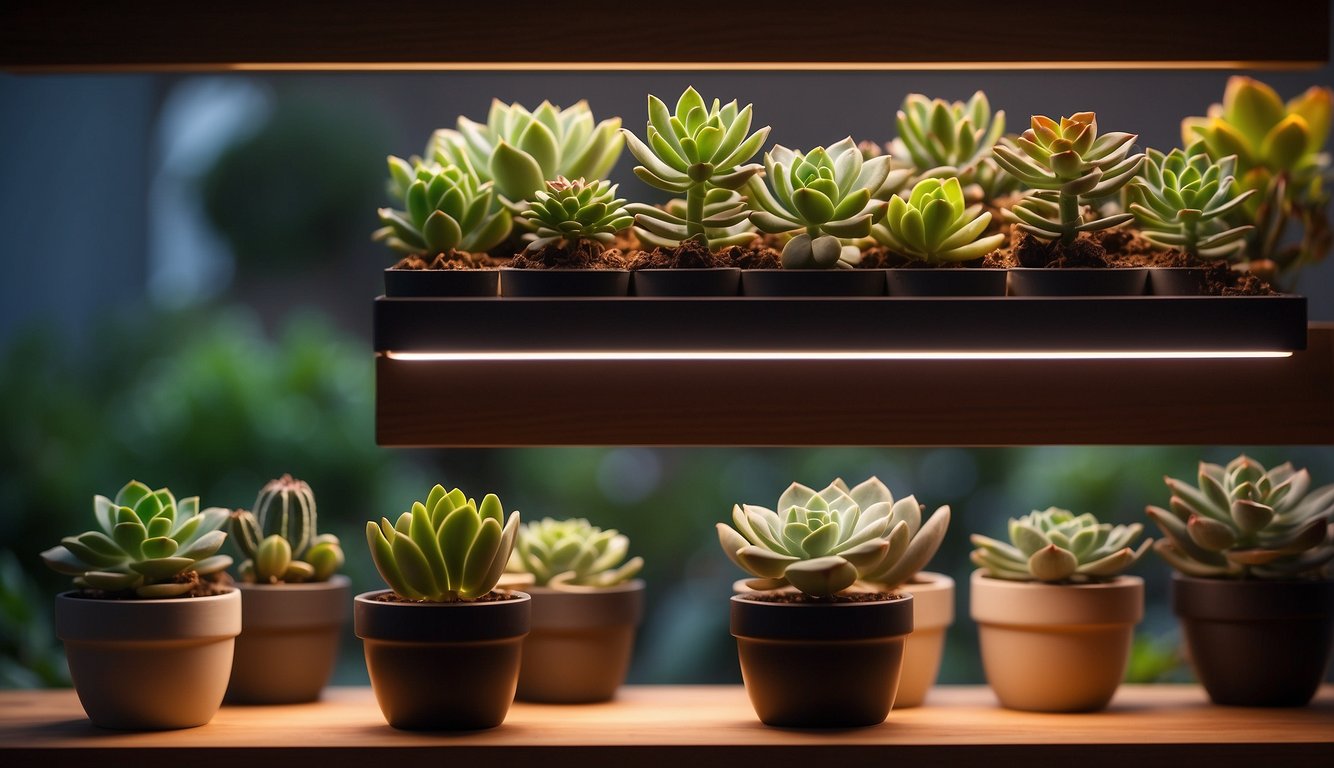 Succulents arranged under LED grow lights on a wooden shelf, surrounded by pots and soil. The lights emit a soft, warm glow, creating a cozy and inviting atmosphere for the plants to thrive