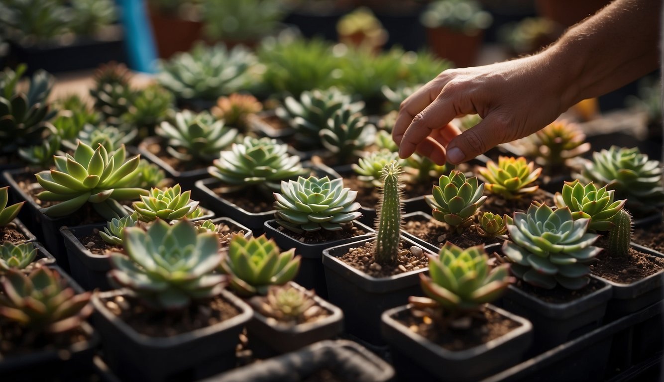 A hand adjusting grow lights over a variety of succulents in pots. Proper spacing and height for optimal plant growth