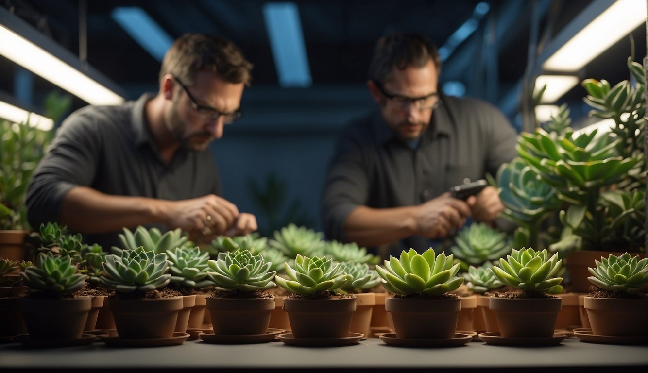 Succulents under dim grow lights, showing signs of stress. A technician adjusts the lights, checking for proper distance and intensity