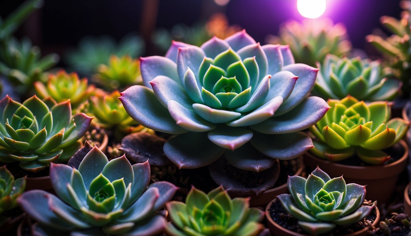 A variety of succulents bask under the glow of different grow lights, showcasing their vibrant colors and healthy growth