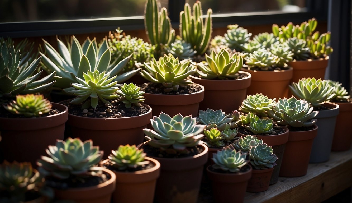 Bright grow lights illuminate a variety of succulents in pots, casting deep shadows. Plants are arranged in a neat display, with labels indicating different species