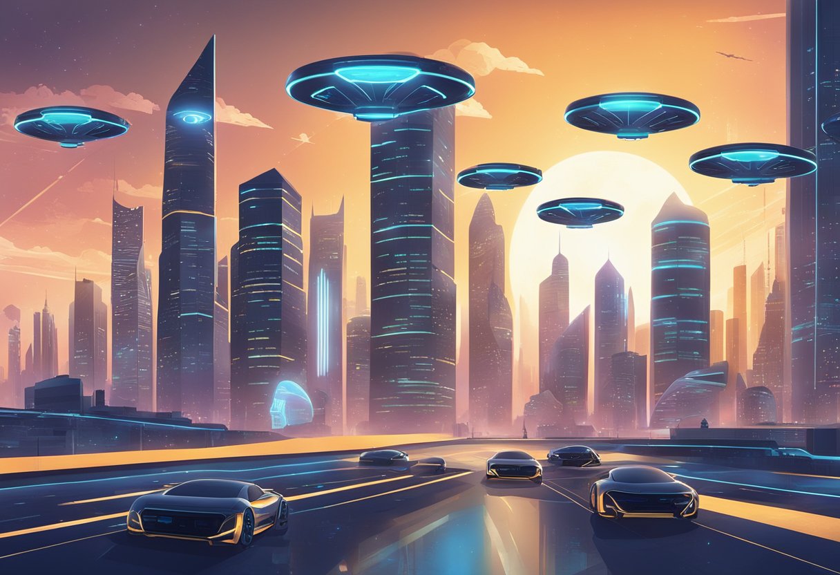 A futuristic city skyline with glowing skyscrapers and flying vehicles, surrounded by digital currency symbols and charts