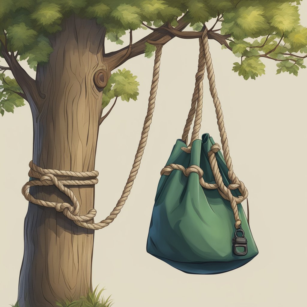 A tree branch with a rope tied around it, a bear bag hanging from the rope, and a carabiner securing the bag closed