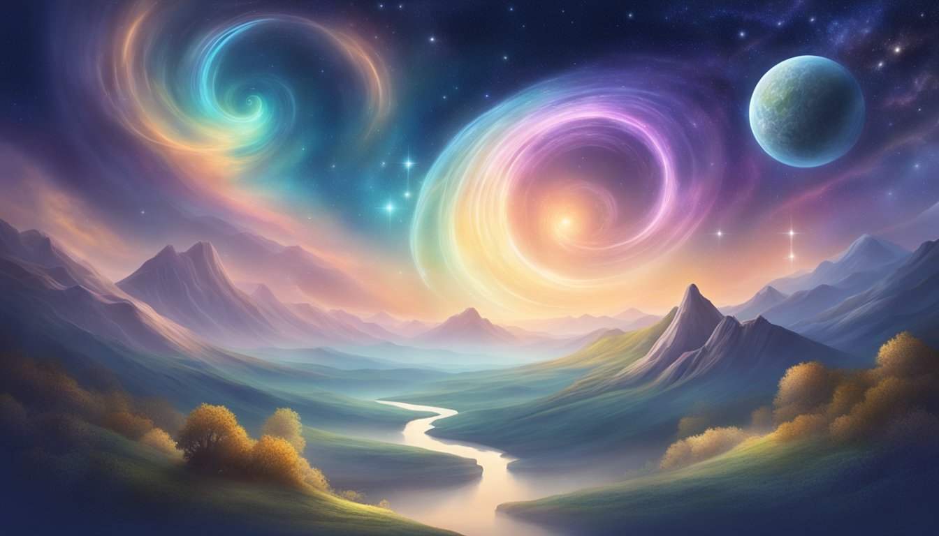 A serene, celestial landscape with swirling galaxies and ethereal light, representing the spiritual and universal aspects of meaning