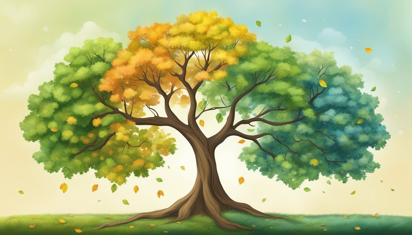 A tree with changing seasons, from bare branches to lush foliage, symbolizing growth and transformation