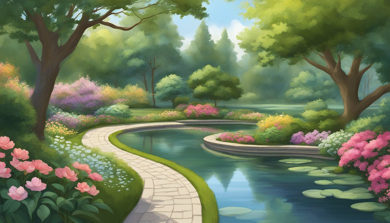 A serene garden with winding paths, blooming flowers, and a tranquil pond, surrounded by lush greenery and tall trees