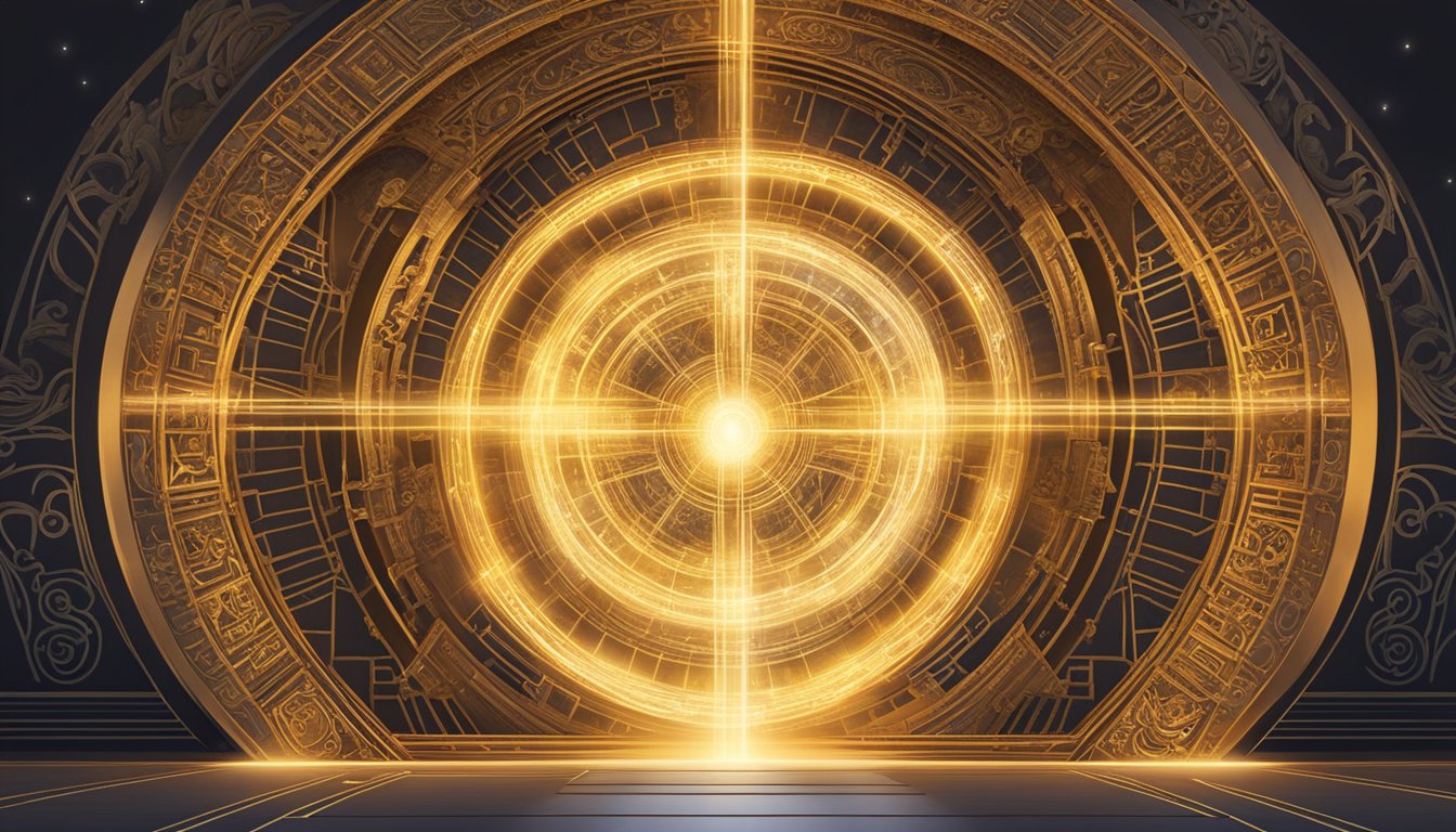 A glowing portal emanates transformative energy, surrounded by ancient symbols