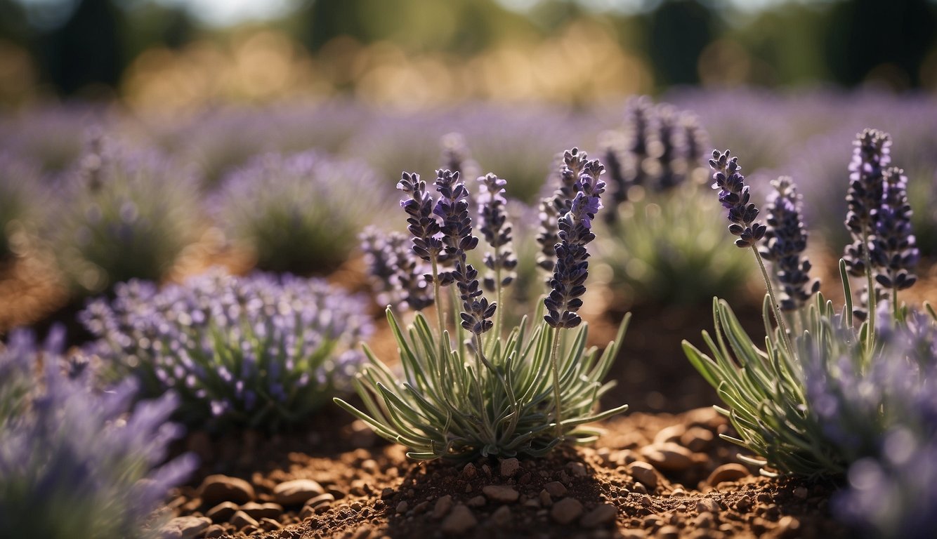 Lavender plants thriving in well-drained soil, receiving ample sunlight, and protected from excessive moisture and harsh winds