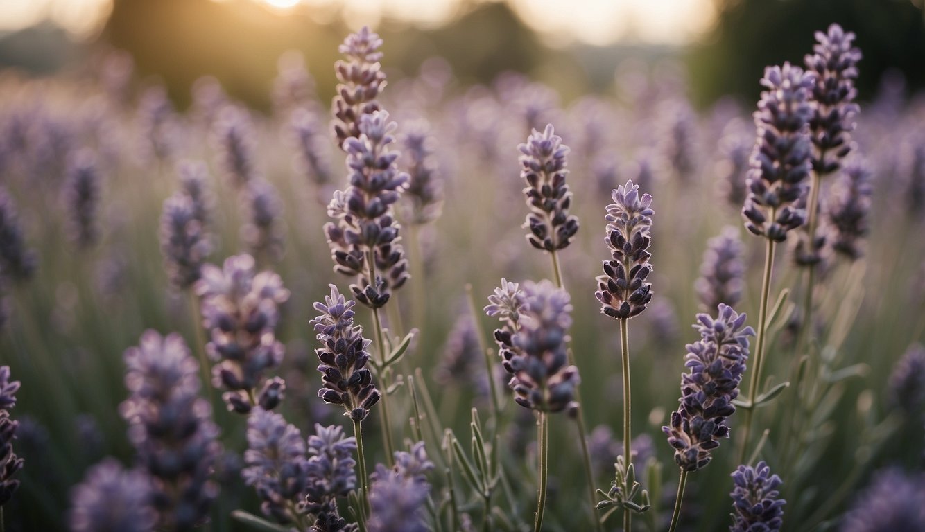 Lavender plants with wilted, brown leaves and stems, surrounded by healthy, blooming lavender bushes