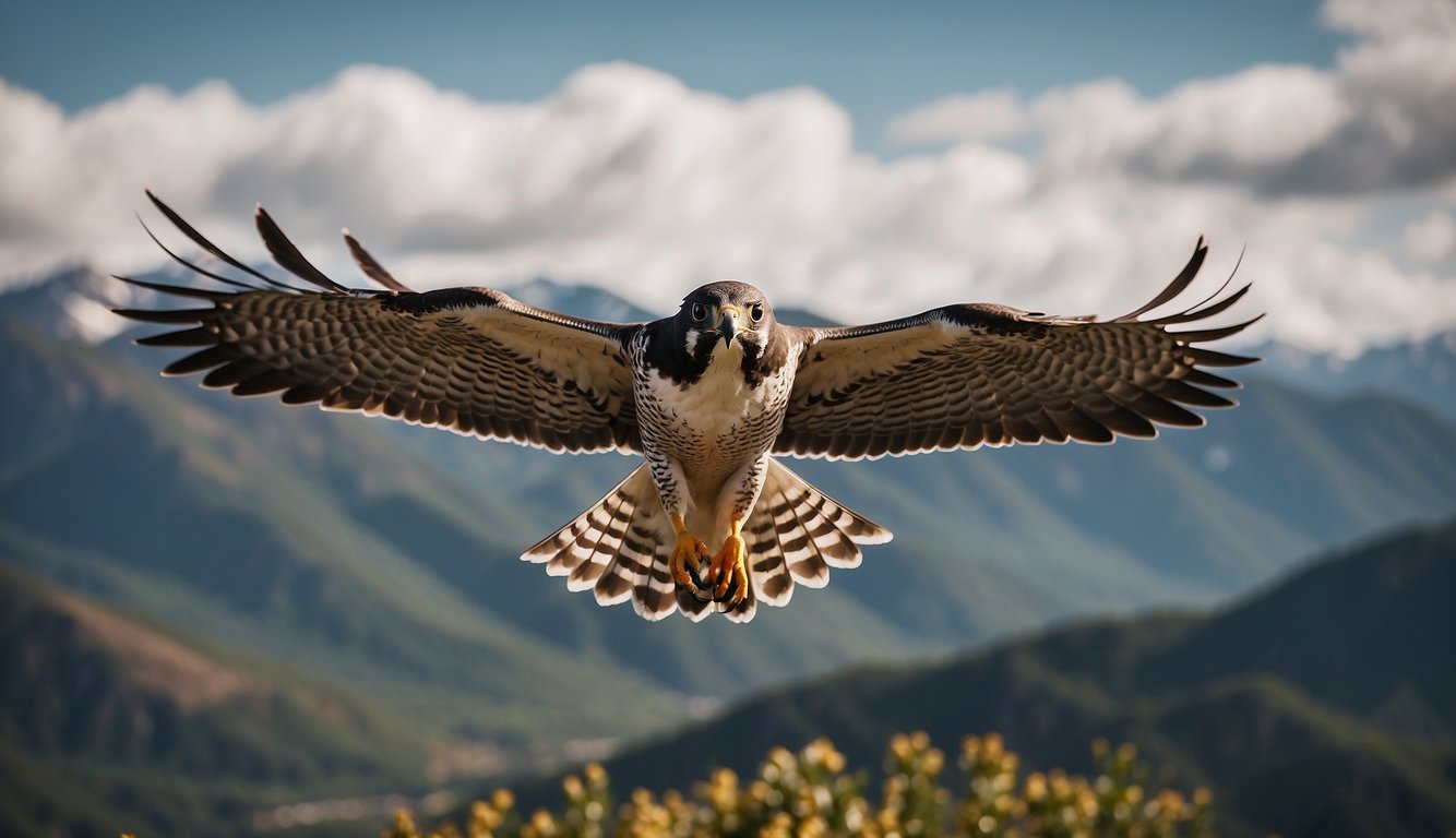 A peregrine falcon soaring through the sky with its wings outstretched, surrounded by clouds and distant mountains
