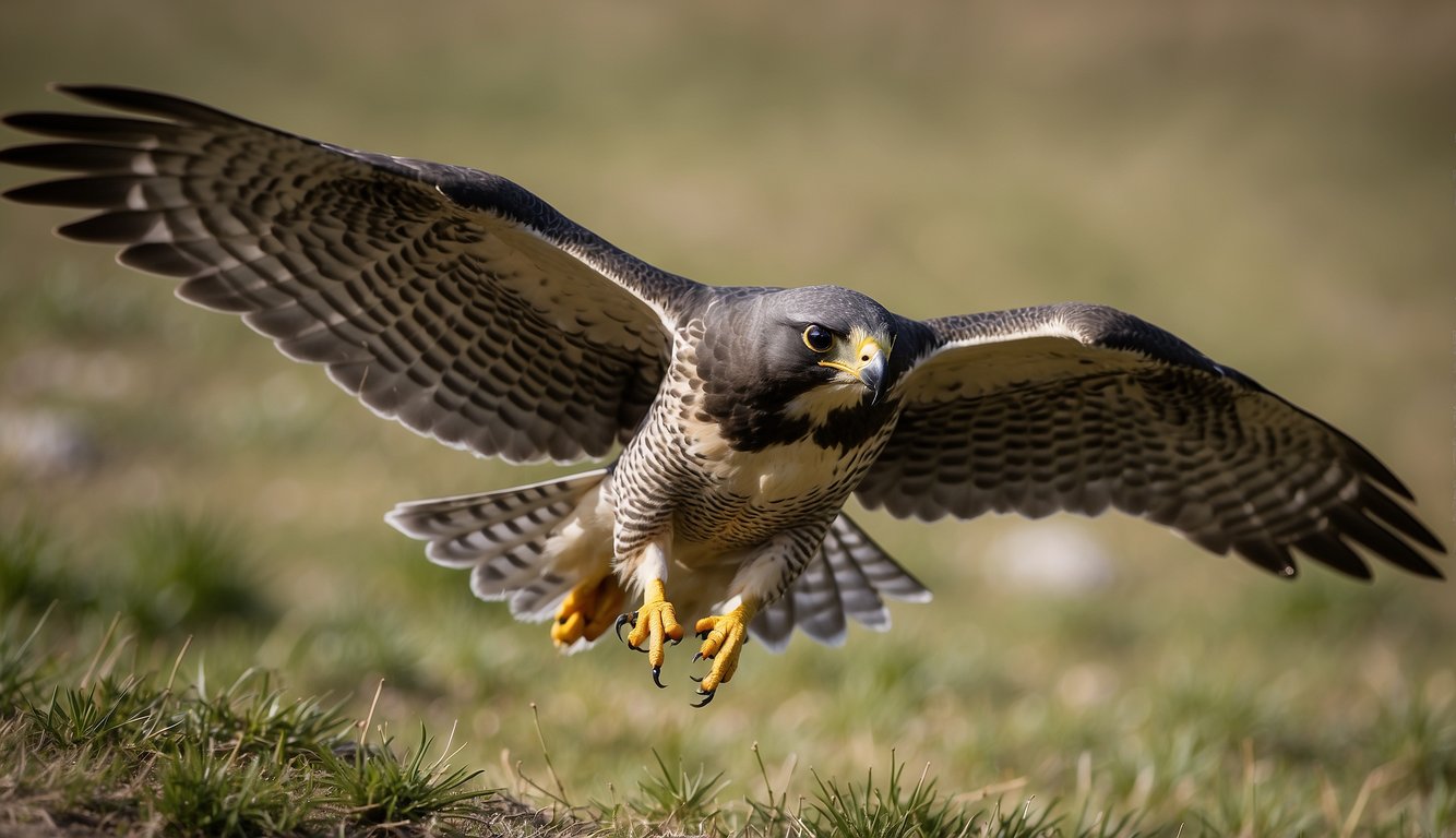 A peregrine falcon swoops down on its prey, its wings outstretched and talons ready to strike.

Its sleek body and sharp beak convey speed and precision