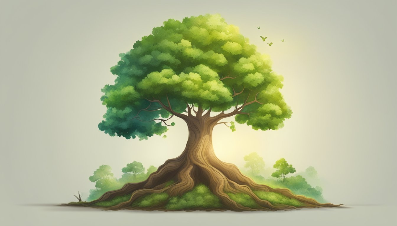 A tree grows from a small sapling to a towering oak, symbolizing personal growth and life changes