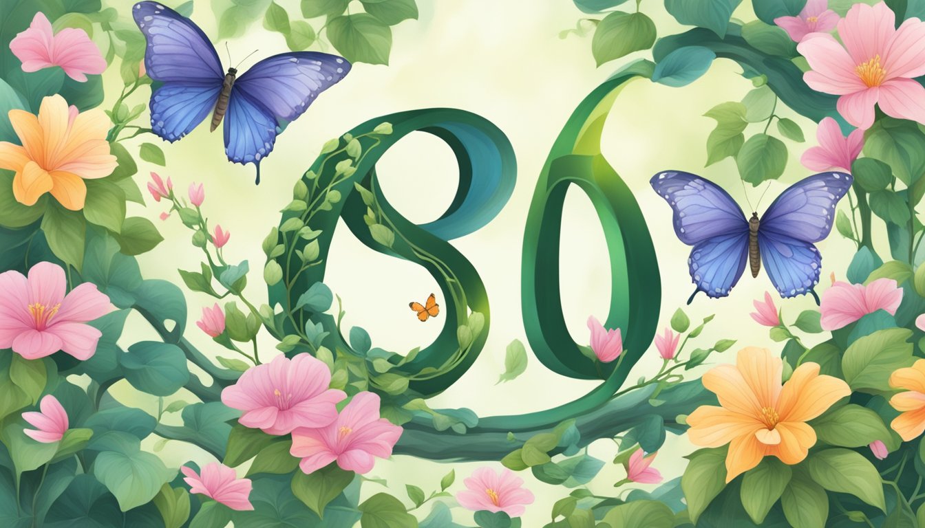 In a serene garden, two intertwined vines form the number 813, surrounded by blooming flowers and fluttering butterflies