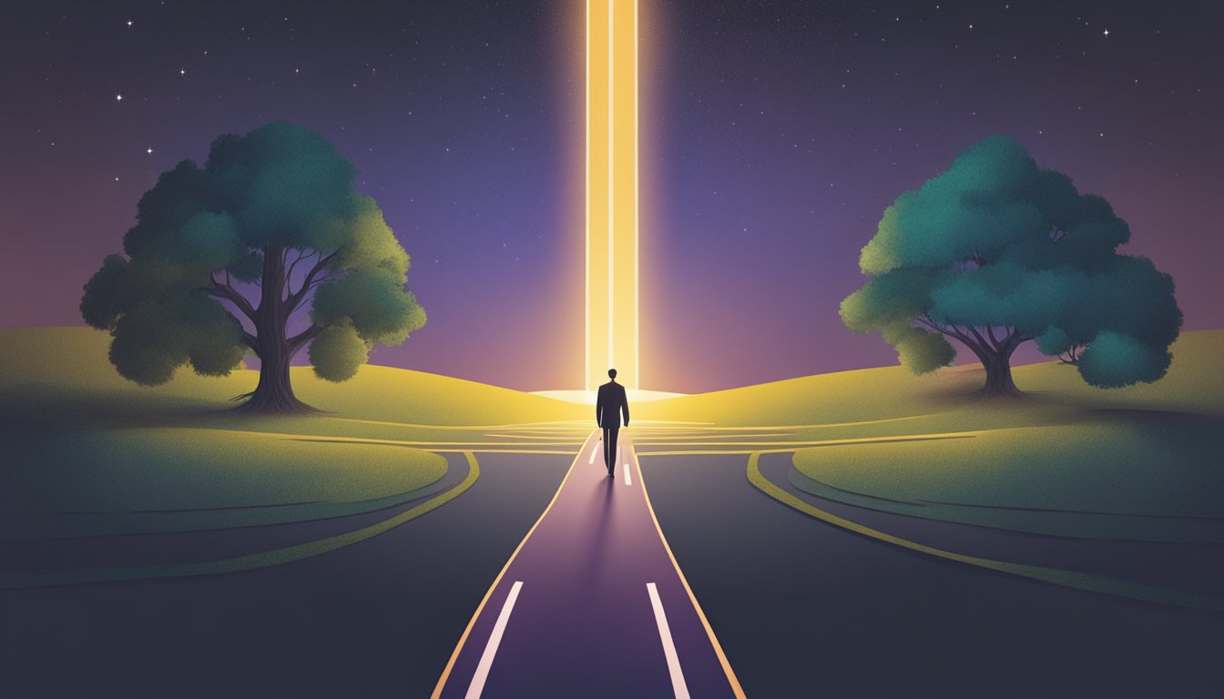 A figure standing at a crossroads, with one path leading towards growth and the other towards stagnation.</p><p>A glowing number 813 hovers above, symbolizing personal development
