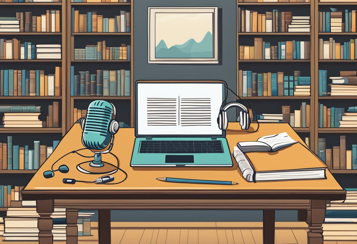 A table with a microphone, headphones, and a notebook surrounded by books on philosophy