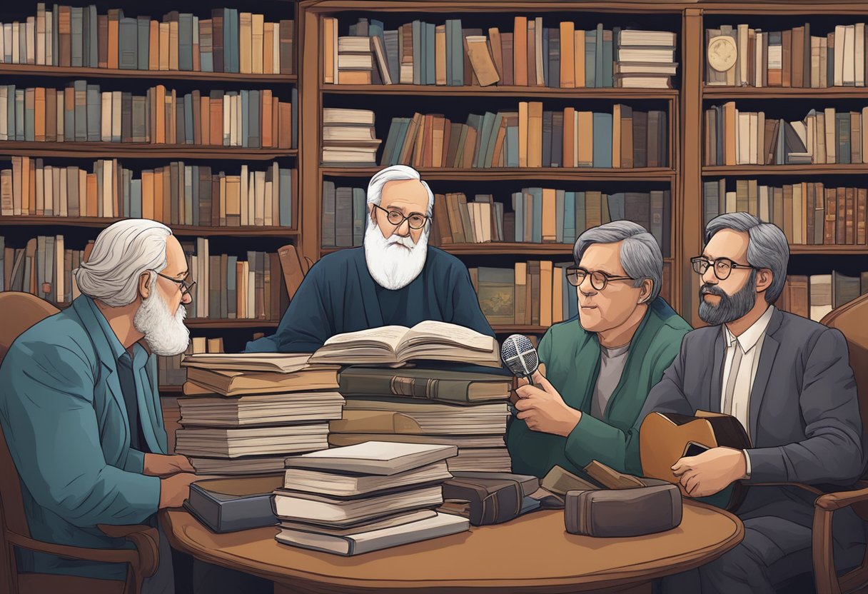 Notable philosophers engage in deep discussions on the JRE philosophy podcast, surrounded by books and thought-provoking artwork