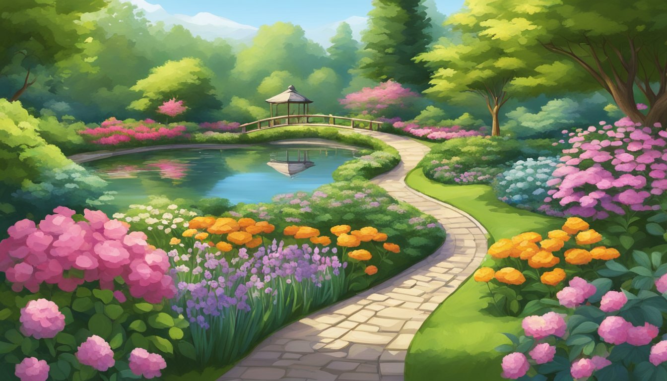 A serene garden with a winding path leading to a peaceful pond, surrounded by vibrant flowers and lush greenery
