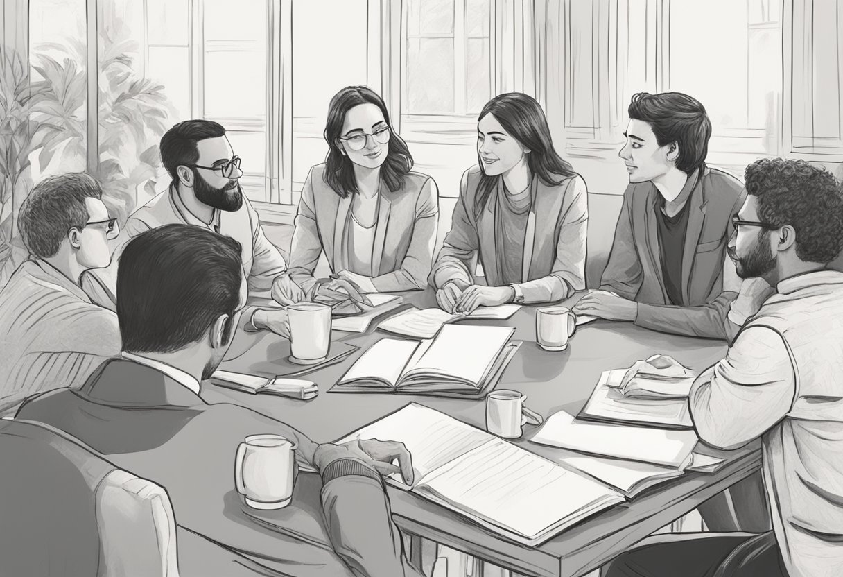 A group of people gathered around a table, engaged in deep conversation. The room is filled with energy and passion as ideas are exchanged and discussed