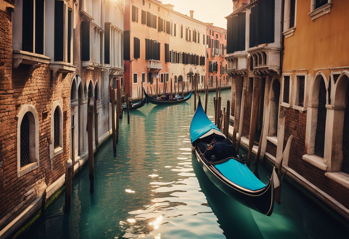 Gondolas gliding on the shimmering canals of Venice in the summer, with colorful buildings lining the water's edge and a warm, sunny sky overhead