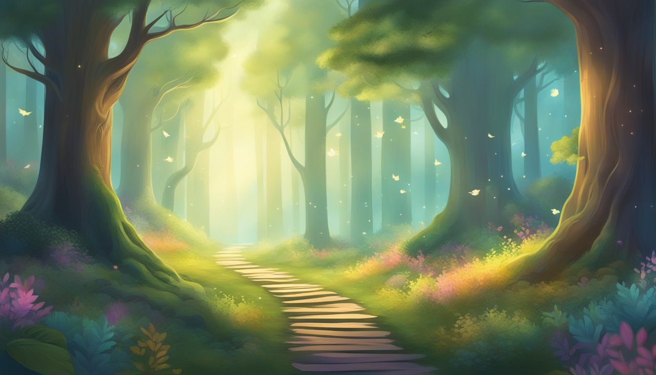 A serene forest with a path leading to a glowing, ethereal message floating in the air.</p><p>The surroundings are filled with vibrant, life-giving energy