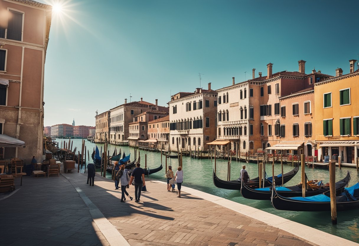 A sunny street in Venice, with colorful houses, gondolas on the canal, and people enjoying gelato and espresso at outdoor cafes