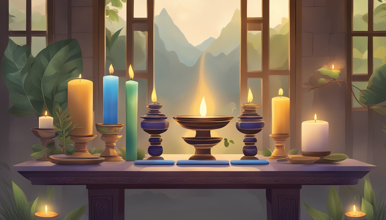 A serene, candlelit altar with burning incense and sacred symbols, surrounded by a tranquil, natural setting