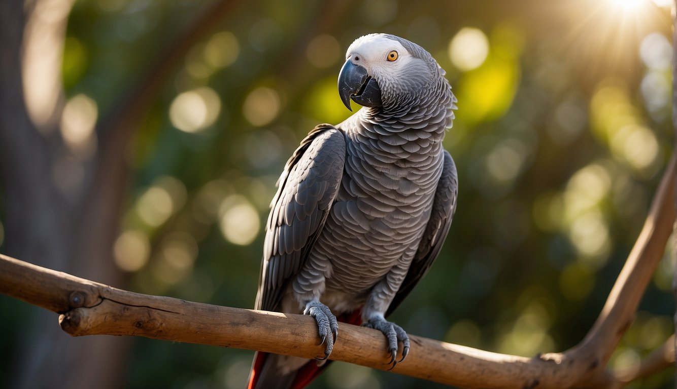 An African Grey parrot perched on a wooden branch, its vibrant feathers shining under the sunlight.

The bird is holding a small toy in its beak, with its head tilted as if it's about to speak