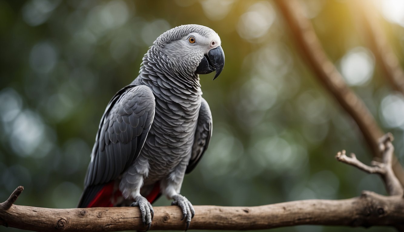 An African Grey parrot perched on a wooden branch, feathers displaying a mix of grey, white, and red, with a curved beak and intelligent, curious eyes