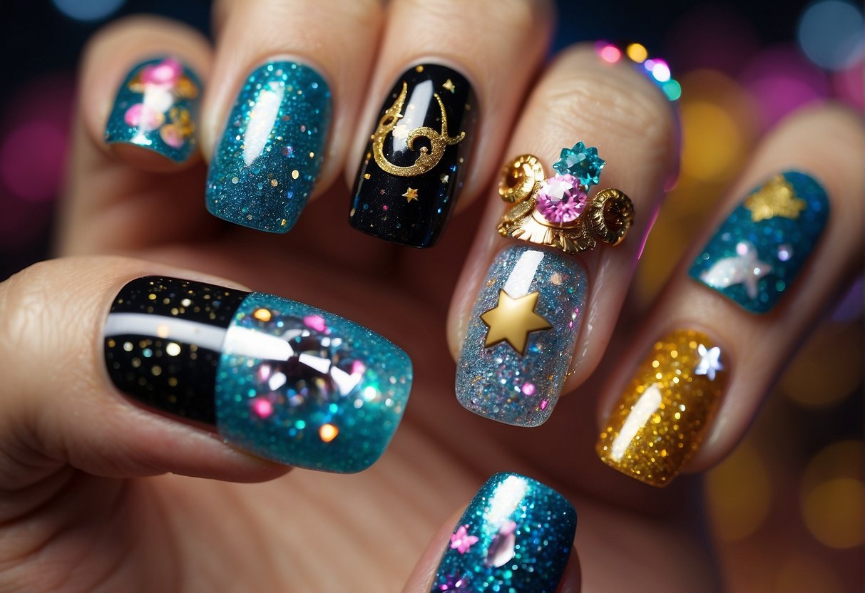 Colorful Disney characters and symbols displayed on nails, surrounded by sparkles and glitter
