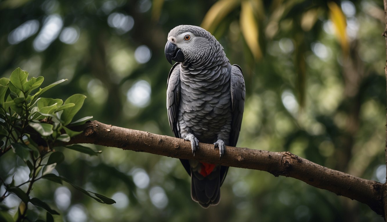 The African Grey Parrot perched on a tree branch in its natural habitat, surrounded by lush green foliage.

Its distinctive grey feathers and red tail are visible, as it looks out with bright, intelligent eyes