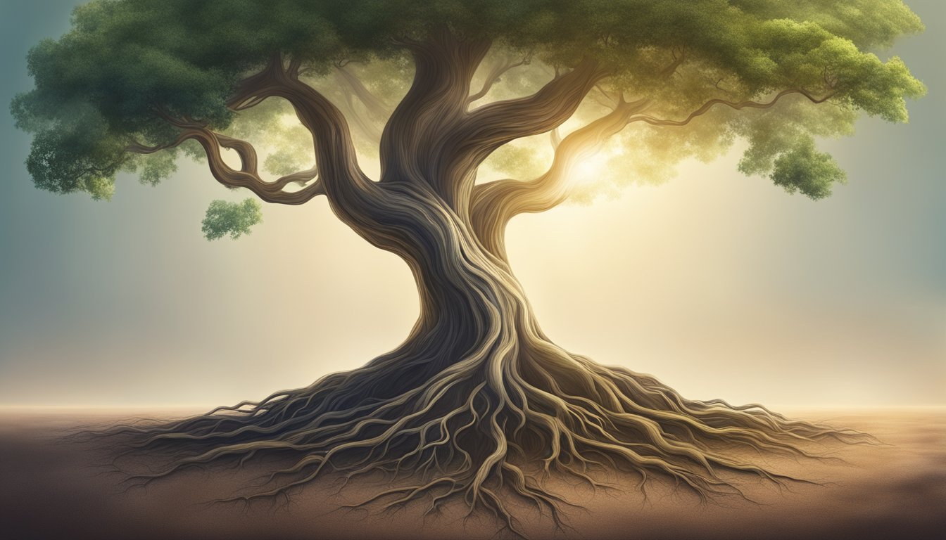 A tree growing tall and strong, its roots reaching deep into the earth, symbolizing personal growth and resilience