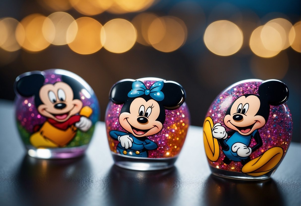 Colorful Disney characters on nails, like Mickey and Minnie, against a bright background with sparkles and magic