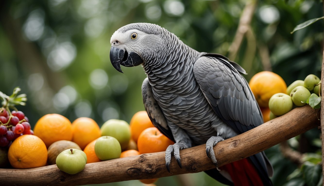 An African Grey Parrot perches on a wooden branch, surrounded by a variety of fruits, vegetables, and nuts.

It is actively engaging in eating and foraging, with its vibrant feathers on display