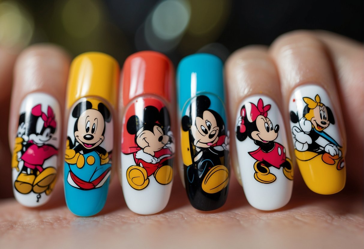 Colorful Disney characters on nails, with Mickey, Minnie, and other iconic figures. Playful and fun designs for nail art