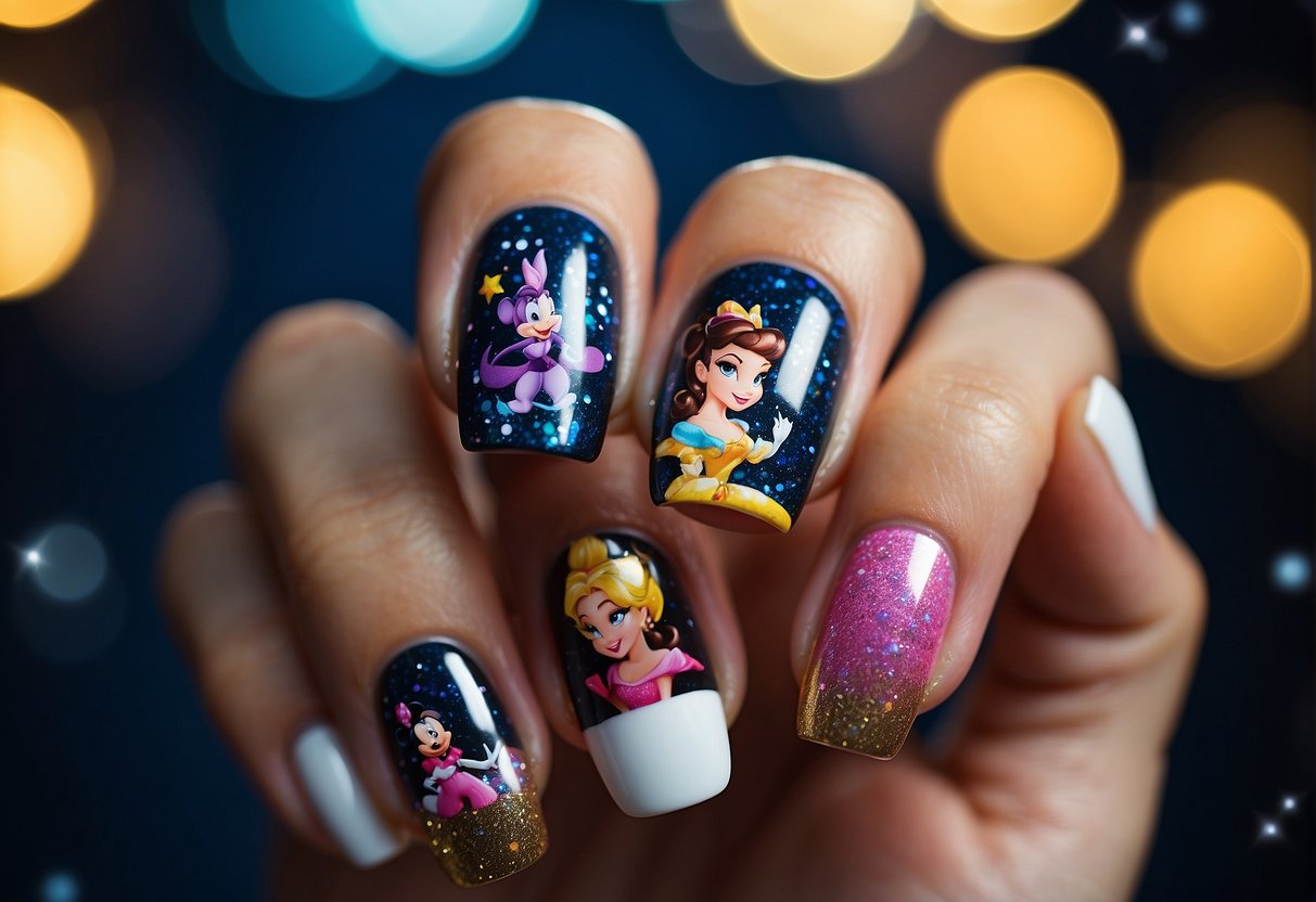 Colorful Disney characters on nails, surrounded by sparkles and magic. Tips and tricks displayed in a playful and creative manner