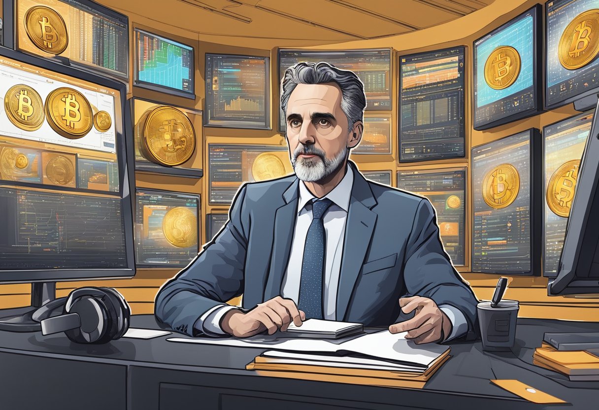 Jordan Peterson discusses Bitcoin on a podcast, surrounded by digital screens and charts