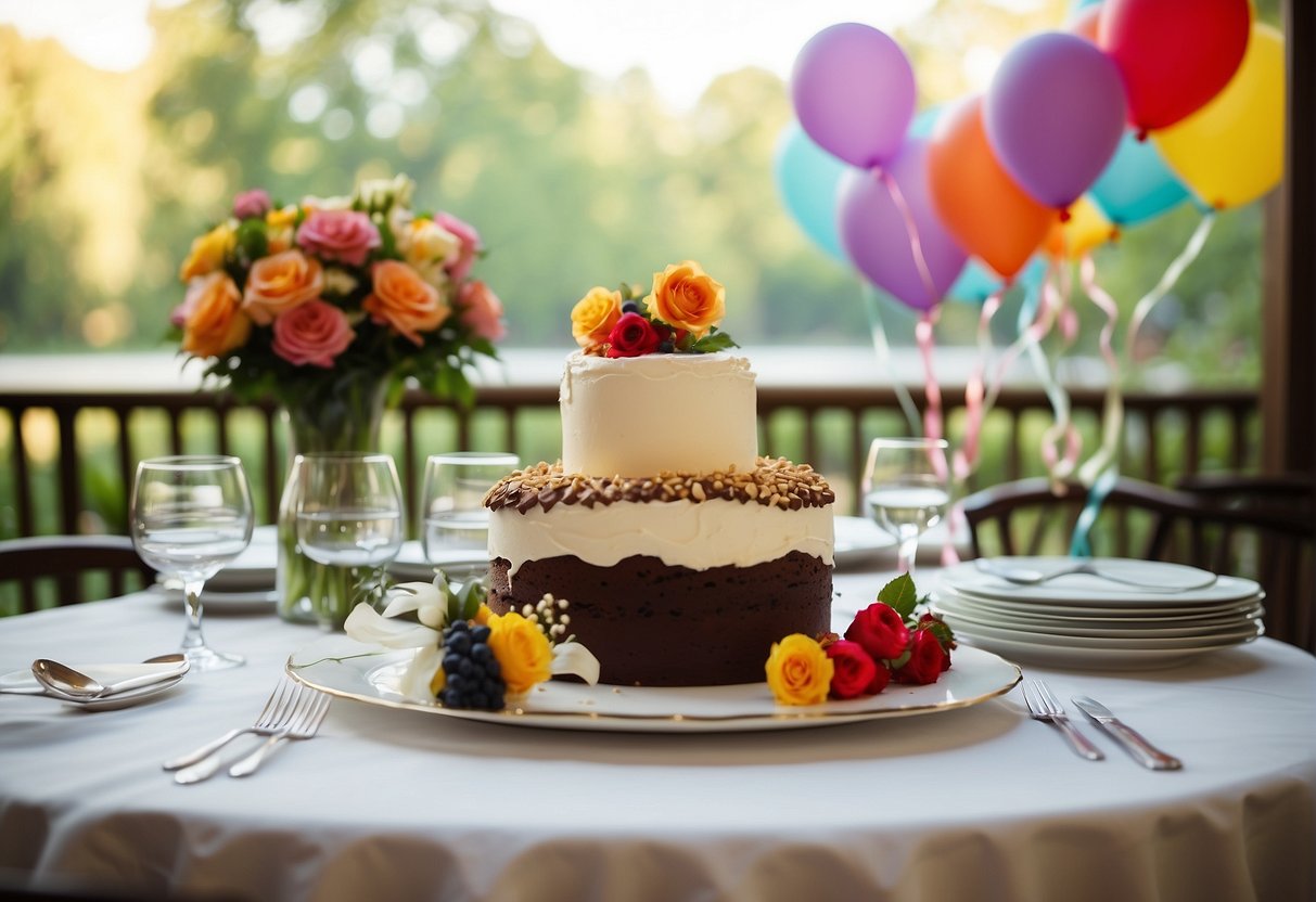 A beautifully decorated table with a white tablecloth, a centerpiece of fresh flowers, and elegant place settings. A cake with a religious theme and colorful balloons add to the festive atmosphere