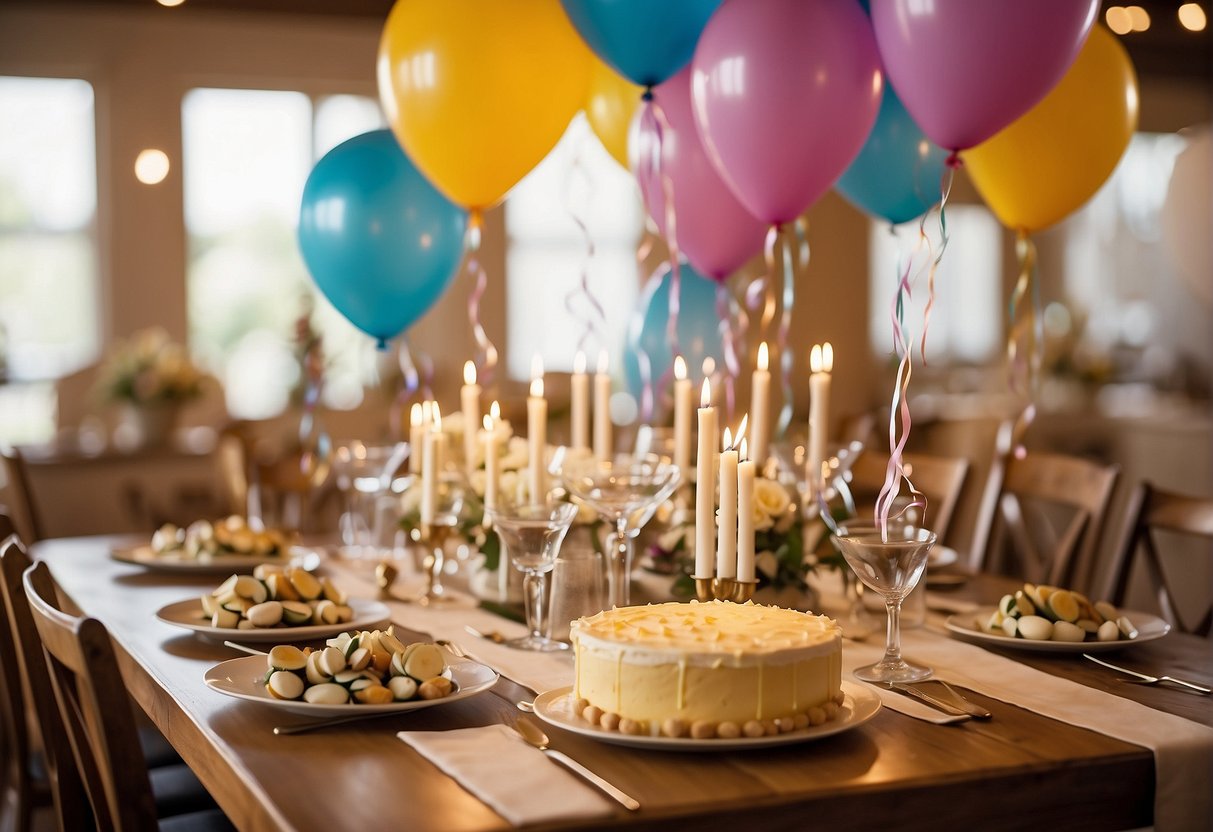 A table set with communion decorations, party favors, and a cake. Balloons and streamers hang from the ceiling, creating a festive atmosphere