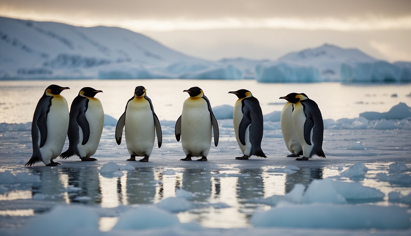 A group of emperor penguins waddle across a vast, icy landscape, their sleek bodies contrasting against the towering ice formations in the background