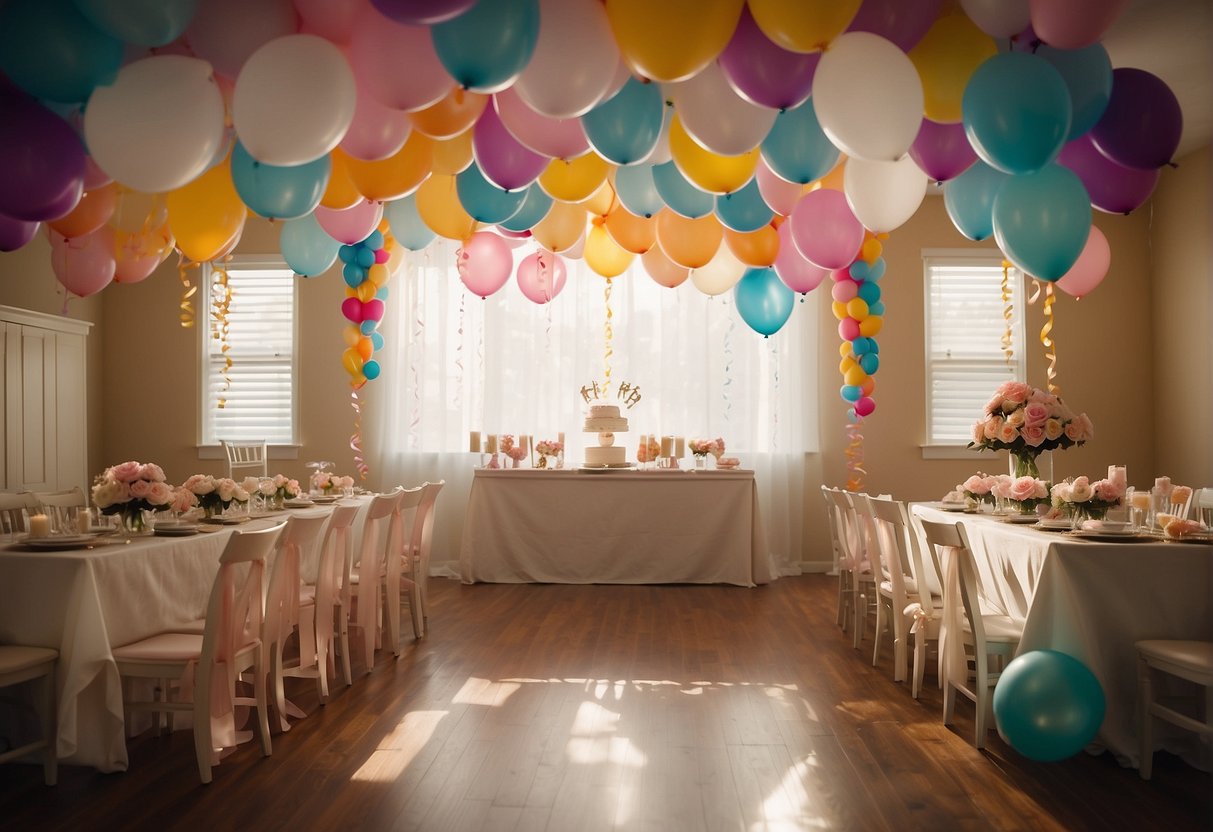 Colorful balloons, streamers, and banners adorn the room. Soft lighting and gentle music create a warm, inviting atmosphere for a joyous first communion celebration at home