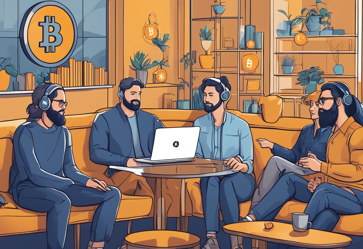 A diverse group discusses Bitcoin's cultural and ethical impact in a lively podcast setting. Various viewpoints are shared, creating a dynamic and engaging atmosphere